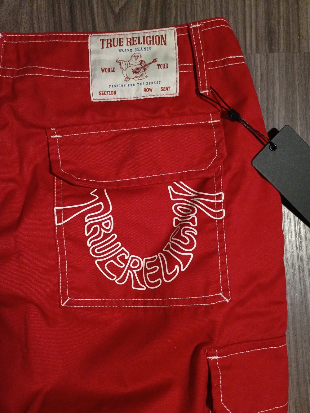 True Religion Red Cargo Pants with White Stitching & Logo